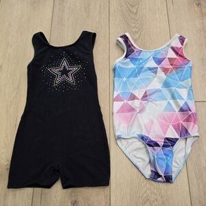 Lot of 2 Girls Dance Gymnastics Leotards Child Size 7/8 8A Black Star Geometric